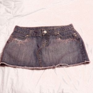 Blue jean mini skirt with rhinestone embellished pockets